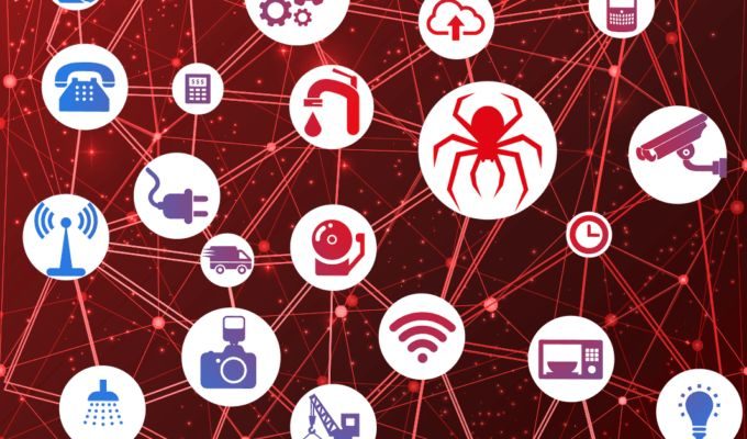 Dispositivos que forman parte de una red IoT con una araña que simboliza una amenaza